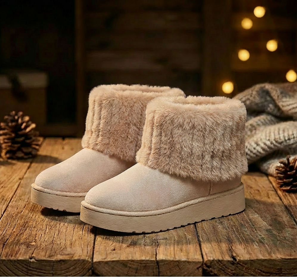 Pair of beige winter boots with fluffy trim on a wooden surface, with decorative lights in the background.